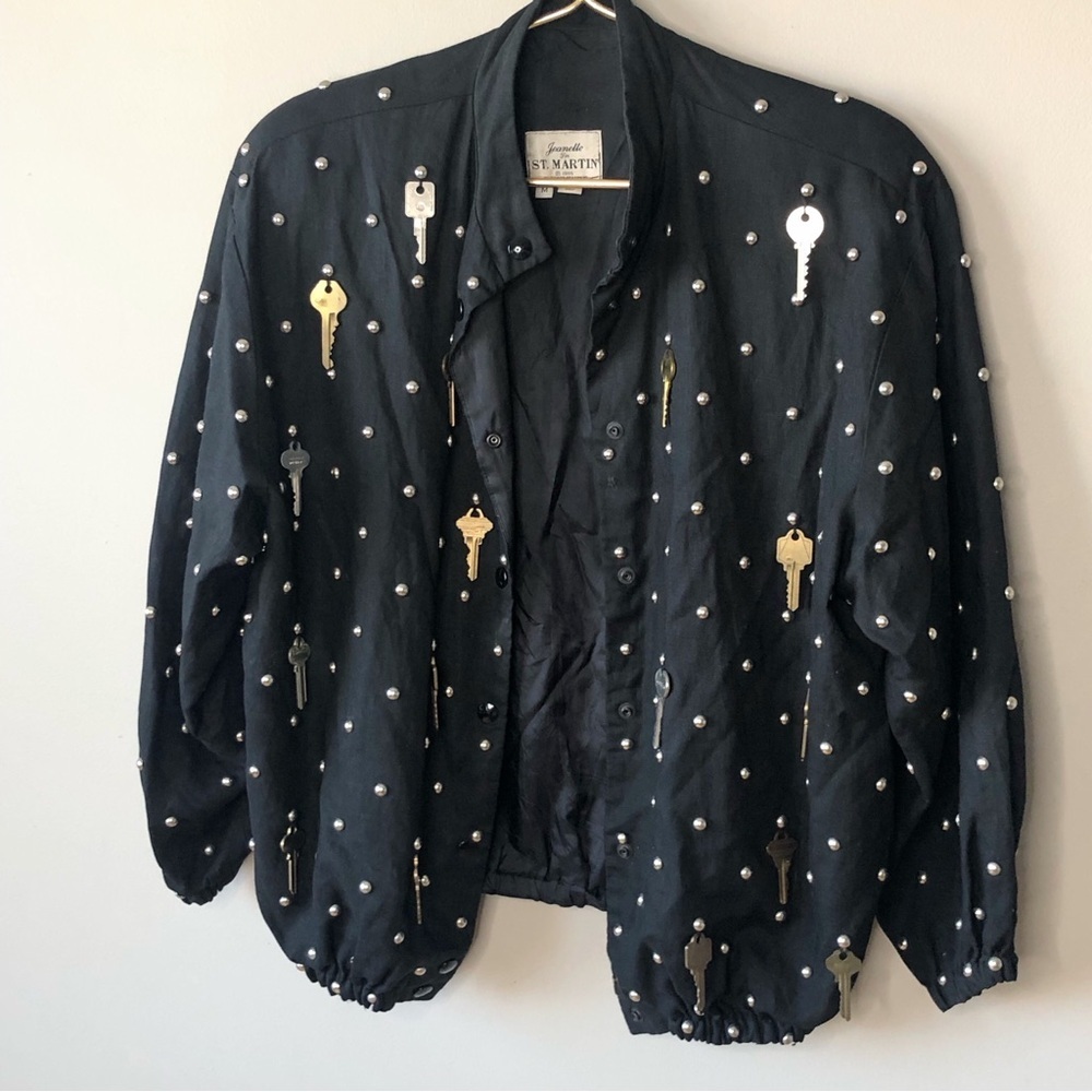 Vintage Jeanette for St Martin Black Linen Silver Stud Keys Bomber Jacket M
